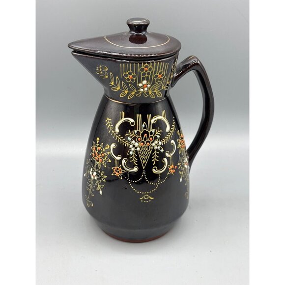 Vtg Redware Coffee Pot Black Ceramic Japan Hand Painted - Picture 3 of 7